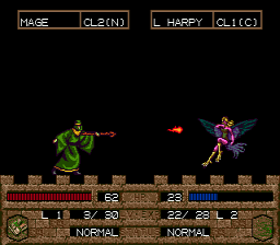Dark Wizard (SEGA CD) screenshot: A mage casting attacking a Harpy with a fire-spell.