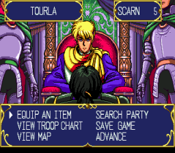 Dark Wizard (SEGA CD) screenshot: In-between battles, you can view/equip your troops, send out search parties and ...