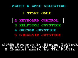 Agent X (ZX Spectrum) screenshot: Main menu + credits