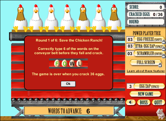 Fowl Words 2: Trouble at the Chicken Ranch! (Windows) screenshot: Beginning of round 1 - the box explains what I have to do
