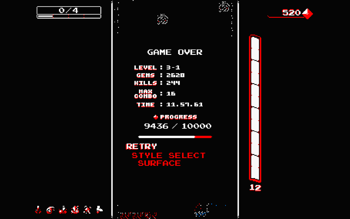 Downwell (Windows) screenshot: Game Over and the results of a run