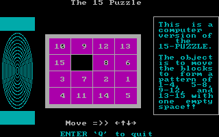 The 15 Puzzle (DOS) screenshot: Yet another random layout