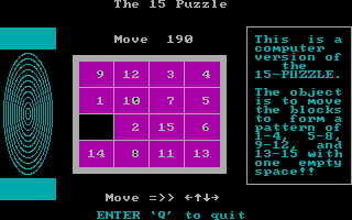 The 15 Puzzle (DOS) screenshot: Yeah, I'm not doing too well here