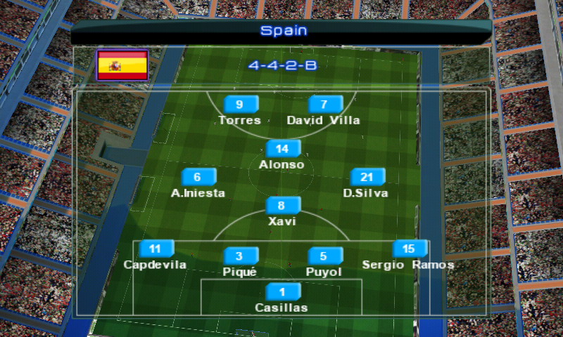 Real Soccer 2011 (Android) screenshot: Spain's starting eleven