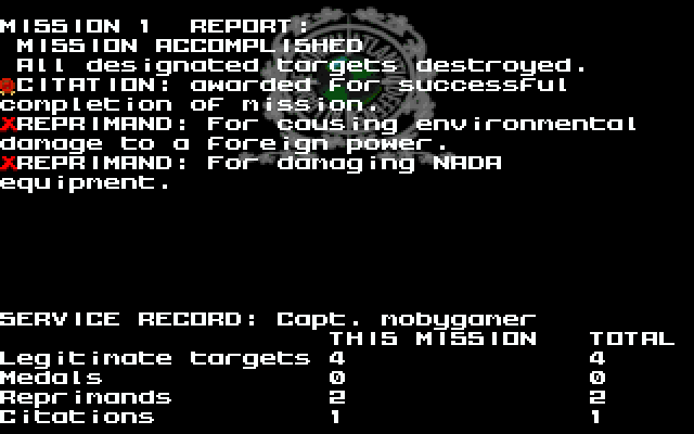Airstrike (DOS) screenshot: First mission debrief. As suspected , I get reprimanded, both for shooting up my ship and some poor trees.