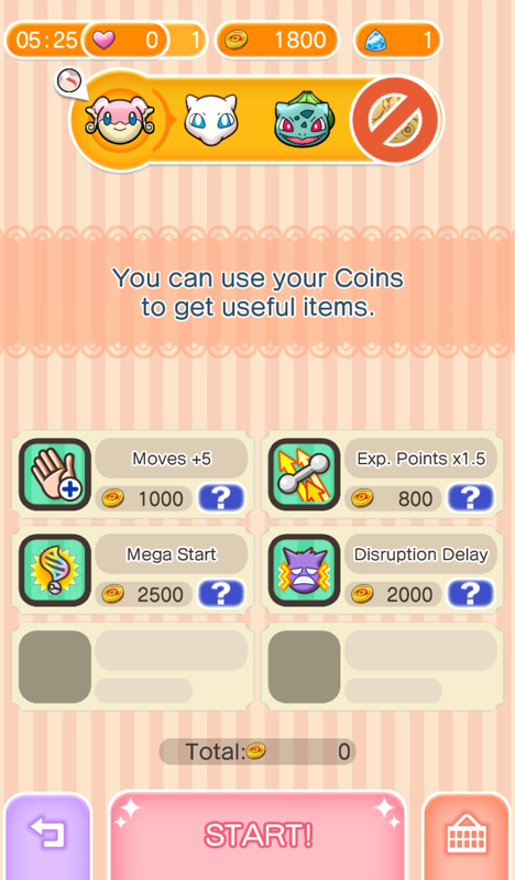 Pokémon Shuffle (Android) screenshot: Prior to the start of every stage, you have a chance to buy items you might need.