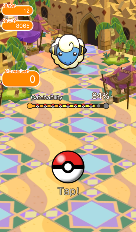 Pokémon Shuffle (Android) screenshot: Having so many moves left also increased Mareep's catchability to a pretty good percentage.