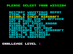 Airborne Ranger (ZX Spectrum) screenshot: Mission select