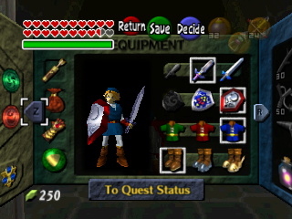 The Legend of Zelda: Ocarina of Time (Nintendo 64) screenshot: Equipment screen