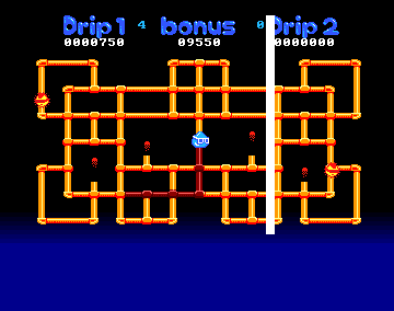 Drip (Amiga) screenshot: One of the Fire levels<br>The white line is either a fault in the way the emulator works or a lazer. Drip died before he got there, hit by a fireball