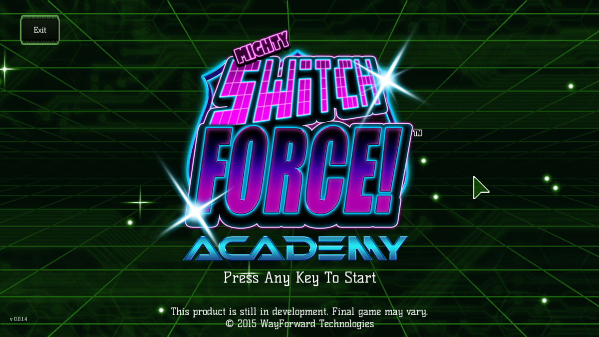Mighty Switch Force! Academy (Windows) screenshot: Title screen (Early Access).