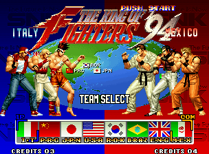 The King of Fighters '94 (Neo Geo) screenshot: You can select from 8 available teams, all with varied fighting styles.