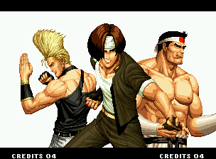 The King of Fighters '94 (Neo Geo) screenshot: The classic Japan Team: Kyo Kusanagi, Benimaru Nikaido and Goro Daimon!