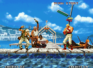 The King of Fighters '95 (Neo Geo) screenshot: When the fight is situated in this stage, the fighters jump of a bridge and fight soon in the water below.