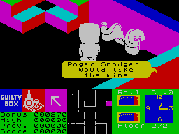 Snodgits (ZX Spectrum) screenshot: I'm not sure a child should have wine.