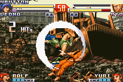 The King of Fighters EX2: Howling Blood (Game Boy Advance) screenshot: After doing her Grand Saber move, Leona complements it with a Gliding Buster, doing a 2-hit combo.