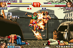 The King of Fighters EX2: Howling Blood (Game Boy Advance) screenshot: Fatal Fury Team status: two defeated members and Mai damaged by Moe's SDM Cherry Blossom Storm...