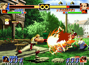 The King of Fighters '99: Millennium Battle (Neo Geo) screenshot: Practice Mode session  Andy smashing Li Xiangfei with a 8-hit combo provoked by his SDM Ryushi Ken.