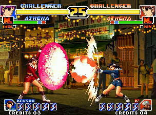 The King of Fighters '99: Millennium Battle (Neo Geo) screenshot: Athena Asamiya confronts her alter-ego through a offensive attack involving both Psycho Reflectors.