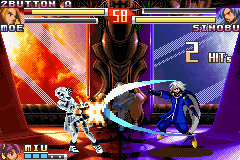 The King of Fighters EX2: Howling Blood (Game Boy Advance) screenshot: The multimillionaire Gustav Munchausen watches Sinobu Amou attack Moe with his Vacuum Attack move.