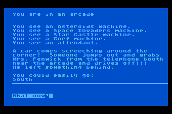 Crime Adventure (Atari 8-bit) screenshot: Mrs. Fenwick is Kidnapped