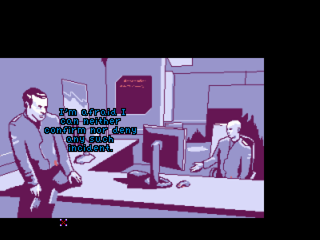 Technobabylon: Part 3 - In Nuntius Veritas (Windows) screenshot: Cutscene of Dr. Regis on the left