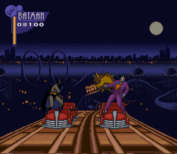 The Adventures of Batman & Robin (SNES) screenshot: Batman repels the Joker's bomb attack.