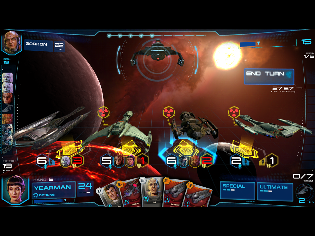Star Trek: Adversaries (iPad) screenshot: All my ships can fire at the enemy flagship. One more turn and this game is over.