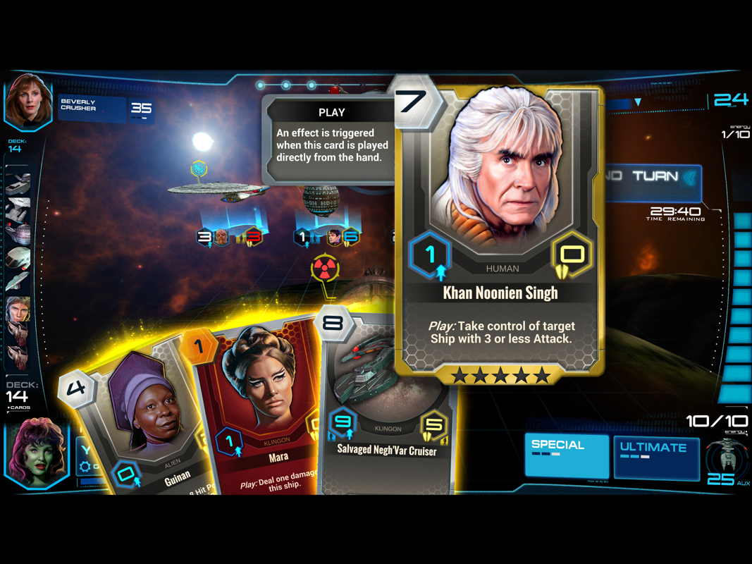 Star Trek: Adversaries (iPad) screenshot: Khan Noonien Singh will take control of any ship with 3 or less attack points.