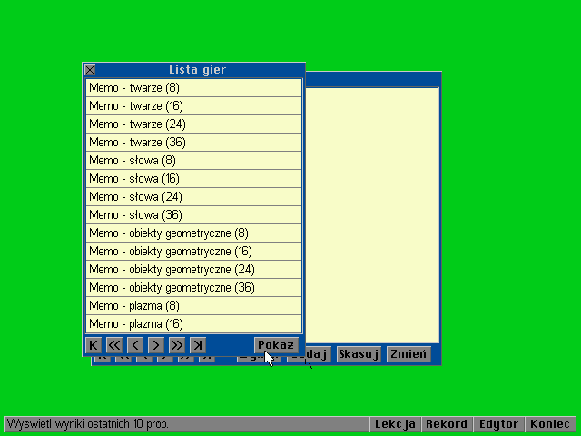 Dyslektyk (DOS) screenshot: List of games