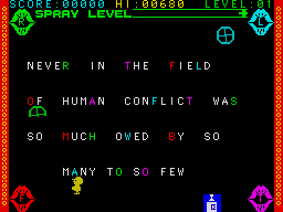 Who Said That? (ZX Spectrum) screenshot: The white letters stay where they are but the coloured ones need collecting