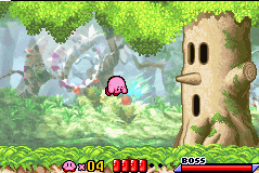 Kirby: Nightmare in Dreamland (Game Boy Advance) screenshot: Wispy Woods on the GBA