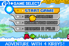 Kirby & The Amazing Mirror (Game Boy Advance) screenshot: Main Menu: Select to start game, play a sub-game, view your collection or erase all data