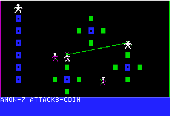 Galactic Gladiators (Apple II) screenshot: ANON-7 misses again, we're toast