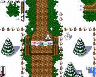 ATR: All Terrain Racing (Amiga) screenshot: There are also snowmen and Christmas banners.