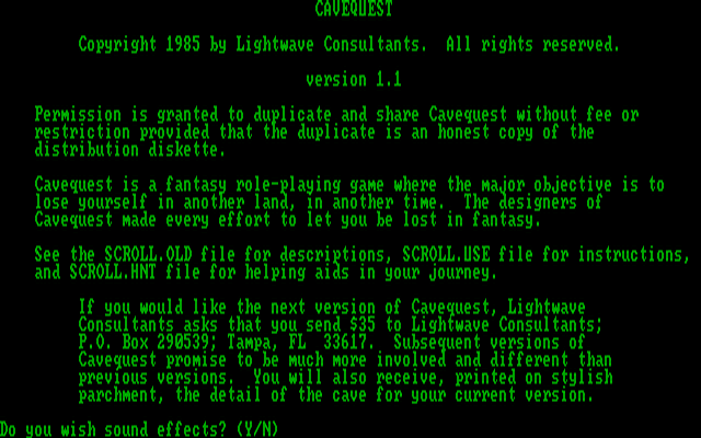 Cavequest (DOS) screenshot: Opening Screen