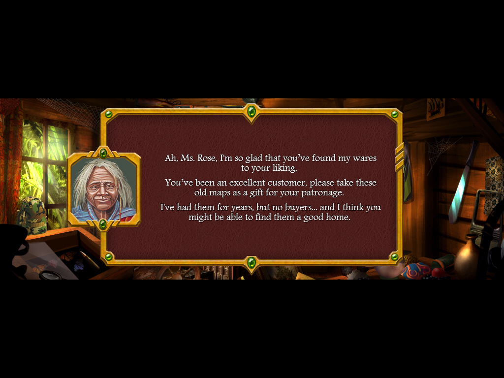 Arizona Rose and the Pirates' Riddles (iPad) screenshot: The shop owner thanks you for your business and gives you some old maps