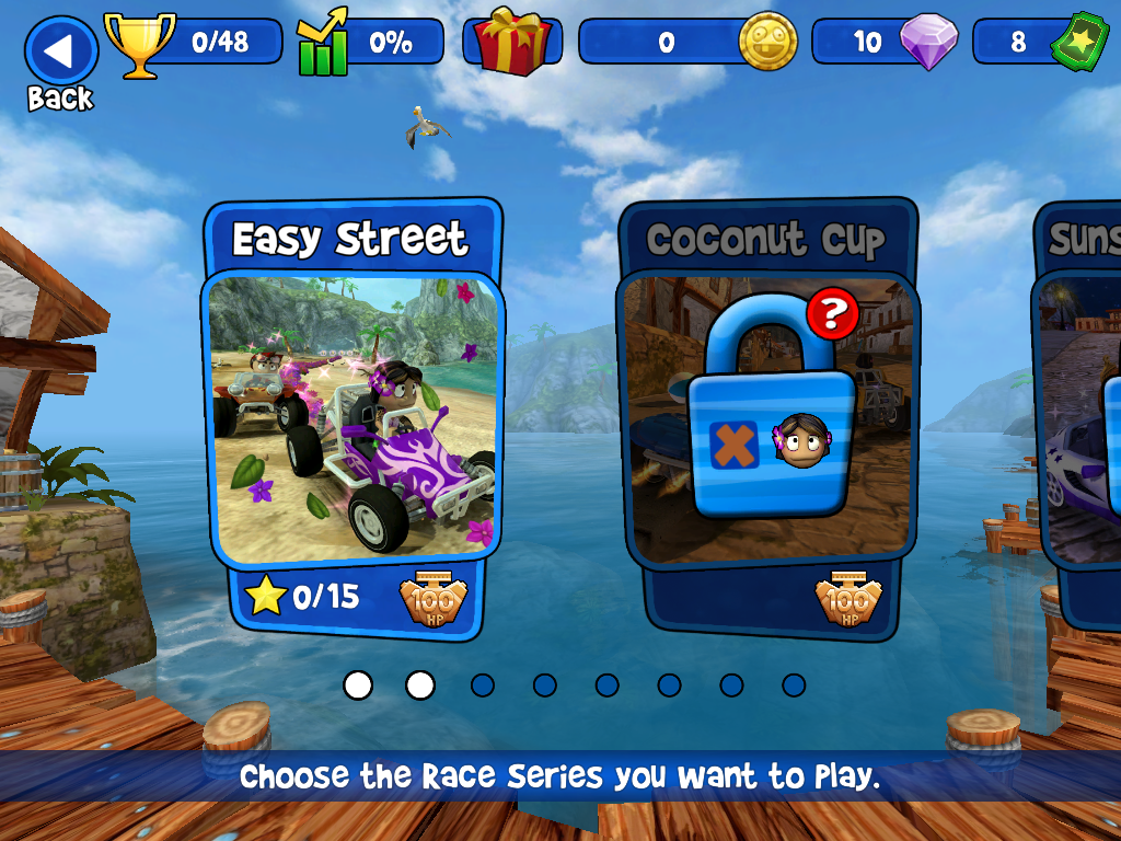 Beach Buggy Racing (iPad) screenshot: Choose your race series. Only one is available to start.