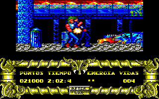 After the War (Amstrad CPC) screenshot: Part I: level 2.<br> Grabbed and attacked from behind.