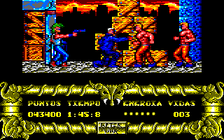 After the War (Amstrad CPC) screenshot: Part I: level 2.<br> Cornered. Punching the thug's stomach while another one is about to fire a gun.