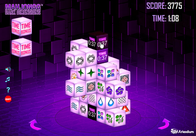 Mahjongg Dark Dimensions (Browser) screenshot: This will add 37 seconds to the timer.