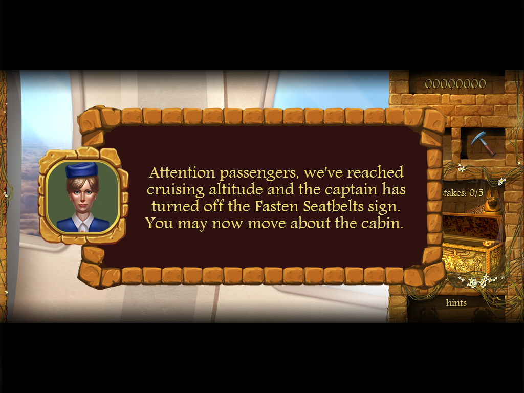 Arizona Rose and the Pharaohs' Riddles (iPad) screenshot: On the plane to Egypt. While in flight, you'll get instructions.