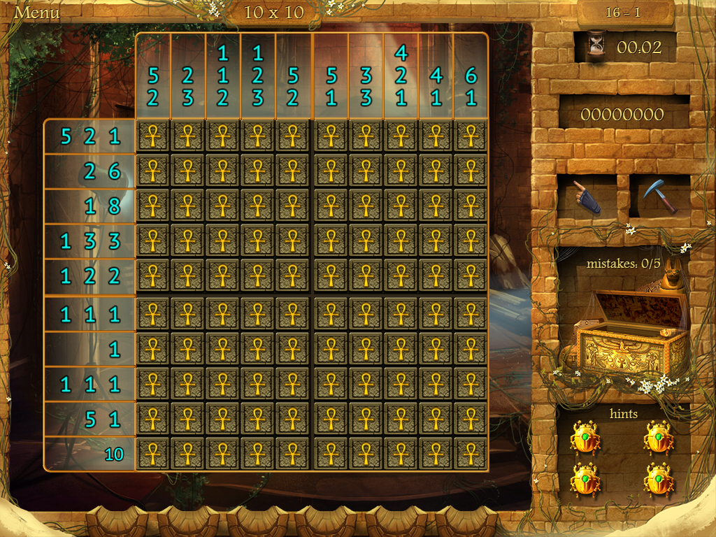 Arizona Rose and the Pharaohs' Riddles (iPad) screenshot: The nonogram puzzles are getting bigger