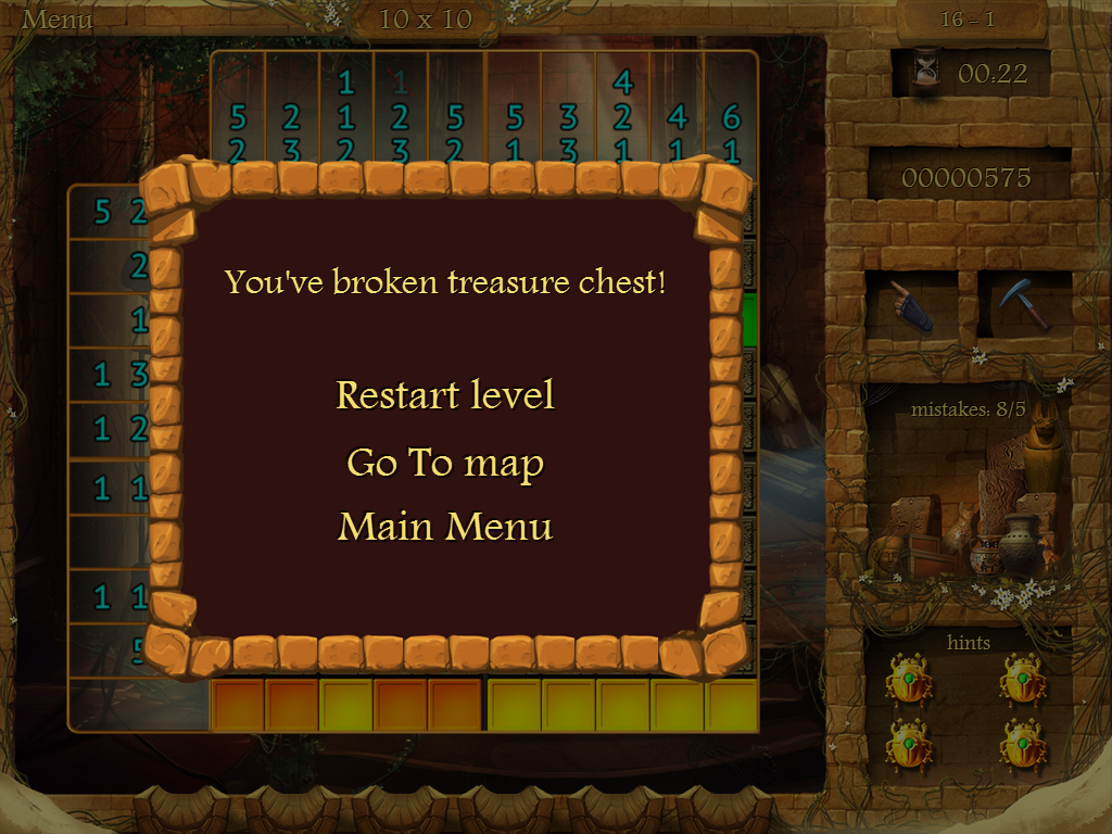 Arizona Rose and the Pharaohs' Riddles (iPad) screenshot: I broke the treasure chest. I need to restart the level.