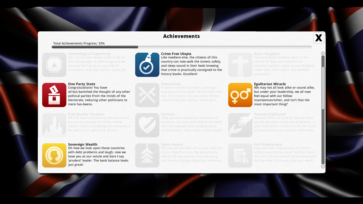 Democracy 3 (Windows) screenshot: There are many achievements to be won.