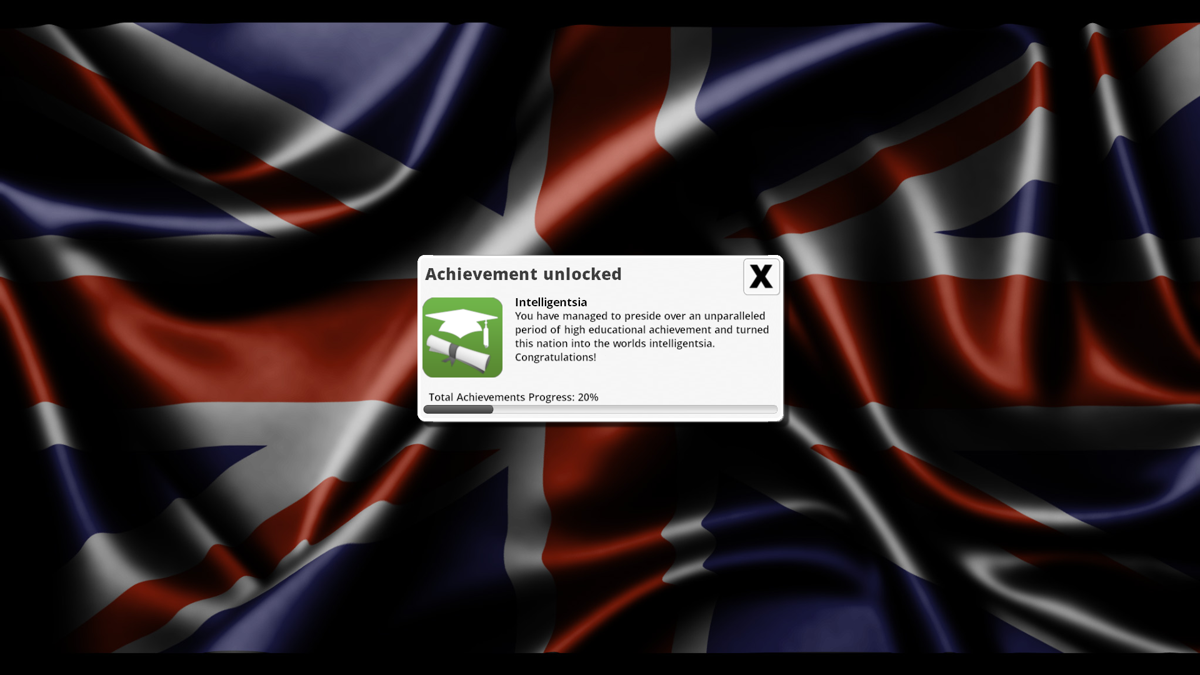 Democracy 3 (Windows) screenshot: Outstanding accomplishments deserve an achievement award.