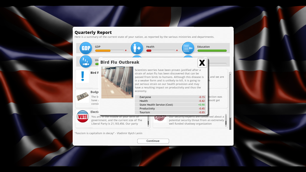 Democracy 3 (Windows) screenshot: Random events may pop up from time to time. Some of them are beyond your control, but others are a response to your policies.