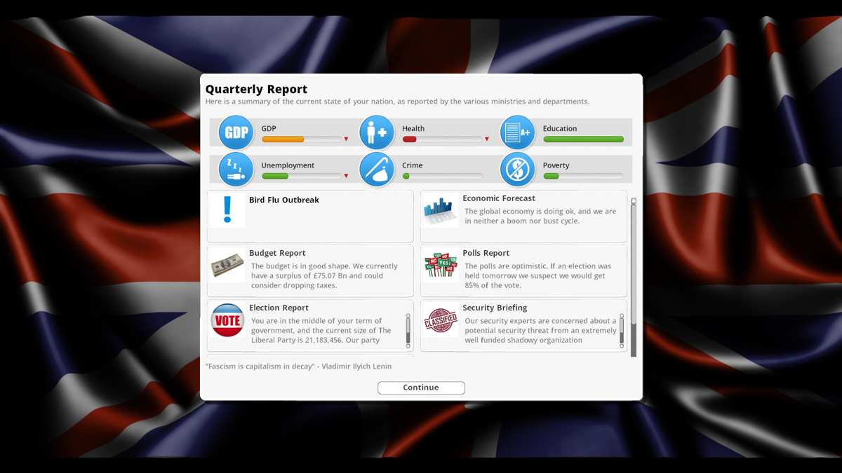 Democracy 3 (Windows) screenshot: Each turn you receive a quarterly report which singles out several items of particular importance.
