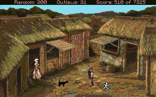 Conquests of the Longbow: The Legend of Robin Hood (Amiga) screenshot: In Nottingham disguised as a beggar.