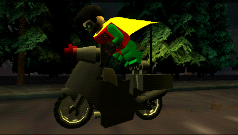 LEGO Batman: The Videogame (PSP) screenshot: Robin acting crazy on his motorcycle